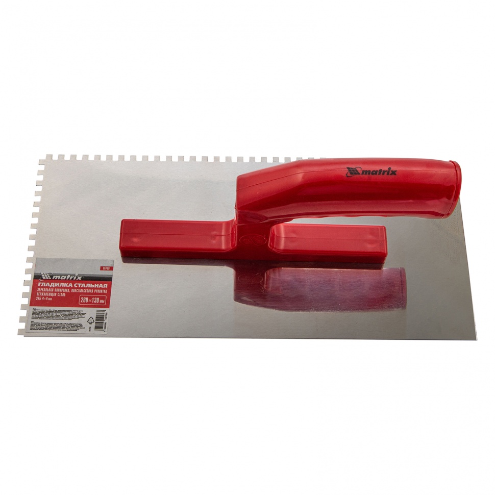 Гладилка из нержавеющей стали, 280 х 130 мм, зеркальная полировка, пластмассовая ручка, зуб 4 х 4 мм Matrix (86780)