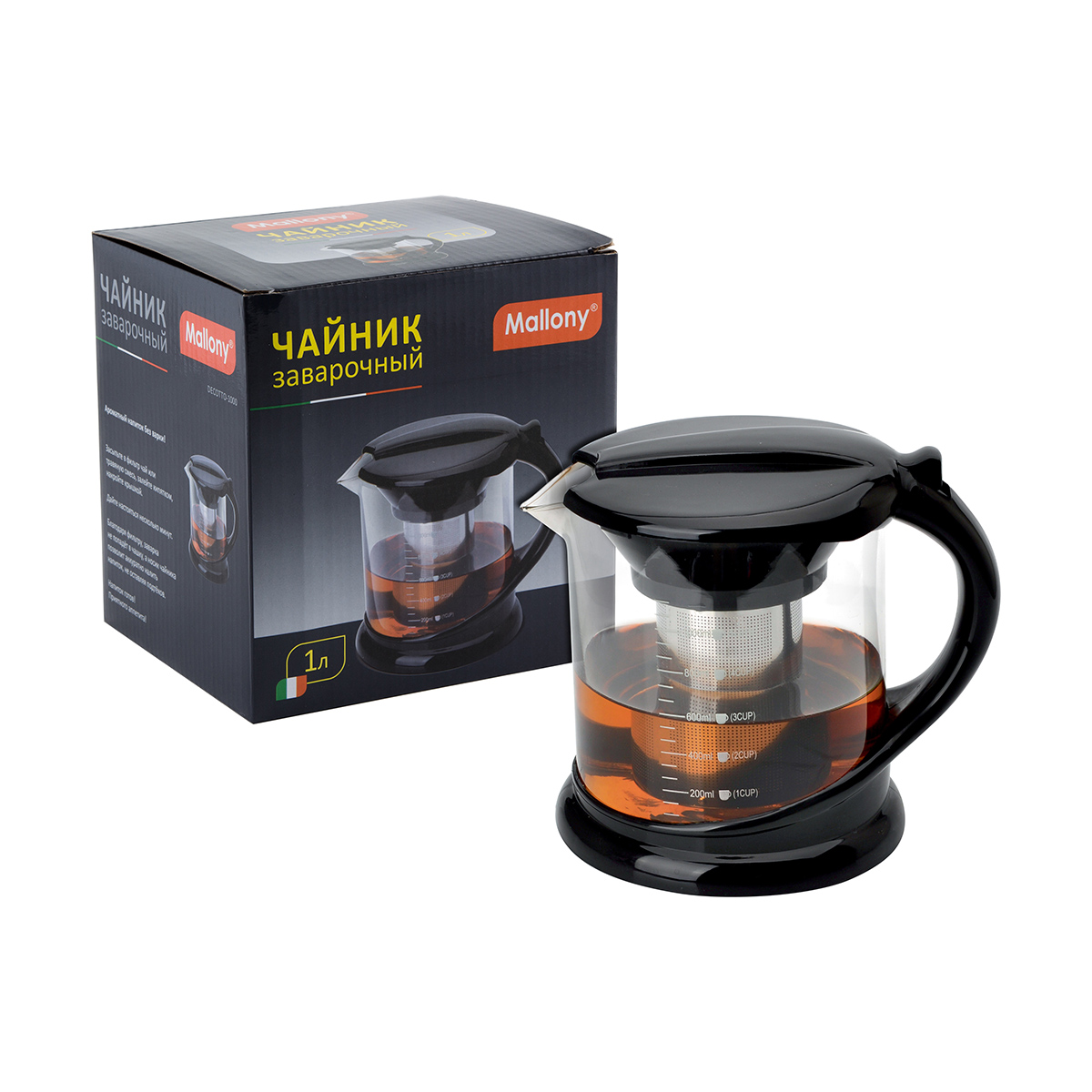 Чайник завар. стекло "decotto-1000" 1 л пластик ручка, фильтр нержав. (1/24) "mallony"
