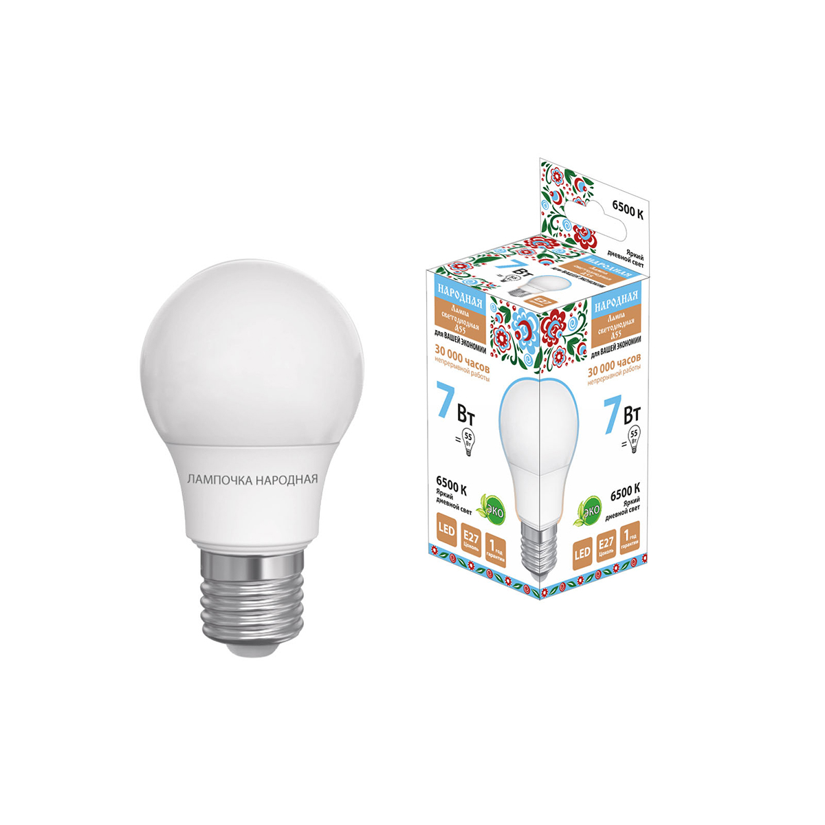 Лампа светодиодная a55 груша  7w 6500 к е27 дневной свет (10/100) народная sq0340-1507