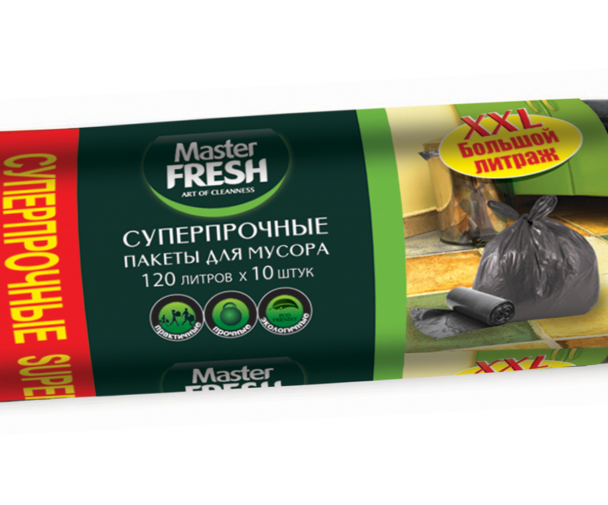 Пакеты для мусора суперпрочные 120 л рулон 10 шт. (черные) 22 мкм (1/20) "master fresh"