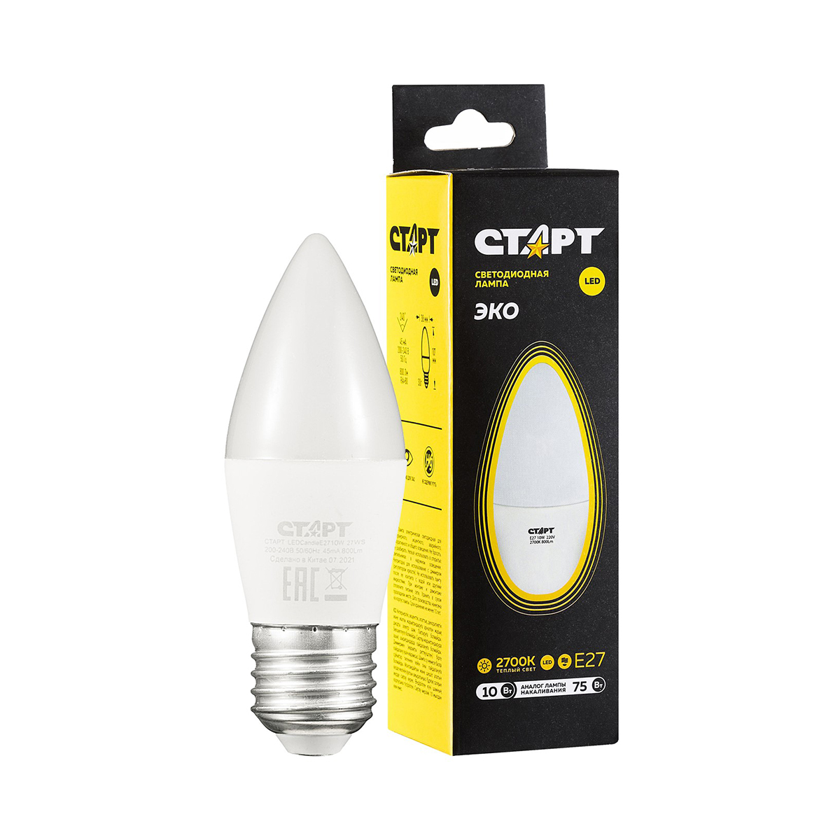 Лампа светодиодная "старт эко" свеча 10w 2700 к  e27, тепл. свет (10/100)