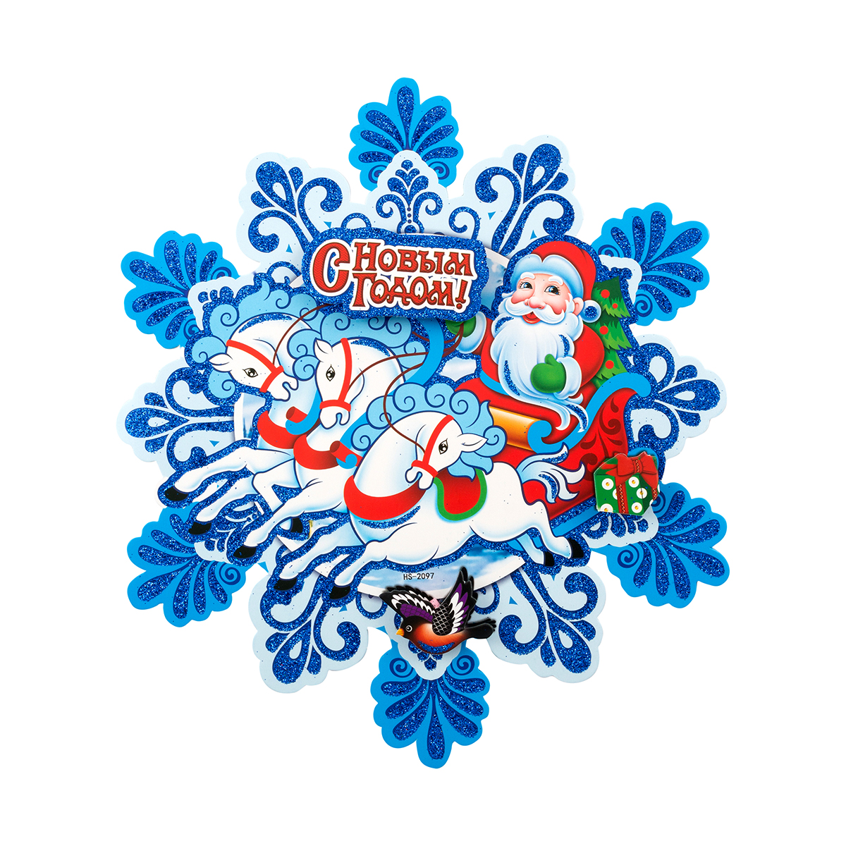 Наклейка новогодняя "дед мороз в санях" 3d 25,5*22,5 см (1/500) "волшебная страна"