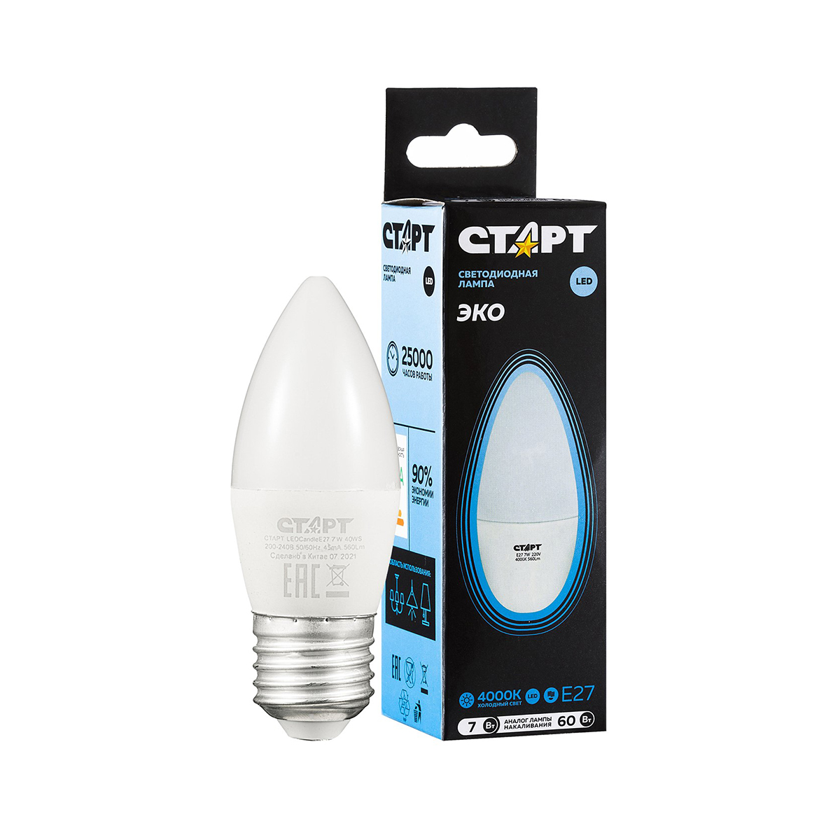 Лампа светодиодная "старт эко" свеча 7w 4000 к  e27, хол. свет (10/100)