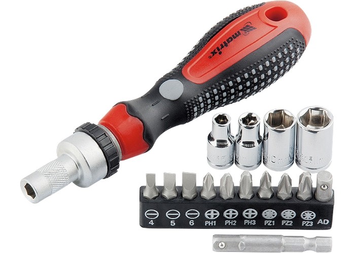 Отвертка реверсивная с набором бит и насадок торцевых, CrV, 1/4, 16 шт Matrix (11332)