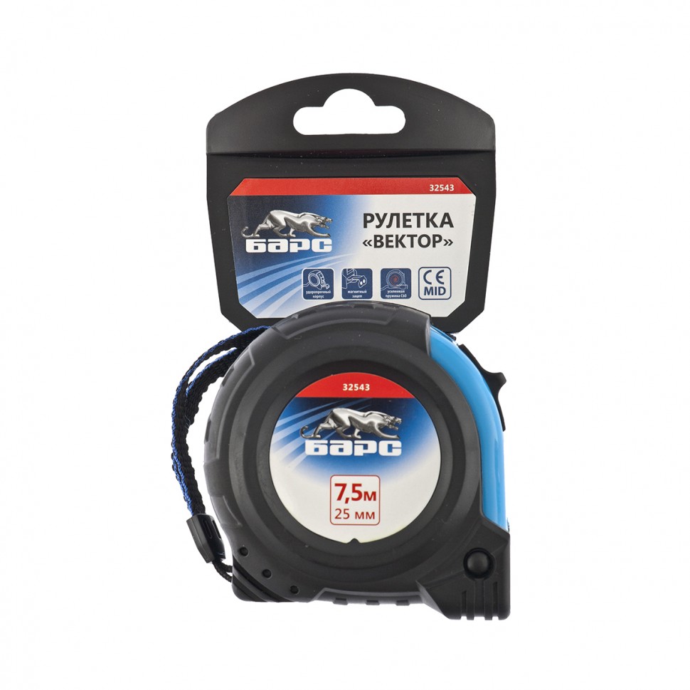 Рулетка Вектор 7.5 м х 25 мм, утолщенное полотно, магнитный зацеп, обрезиненный корпус Барс (32543)