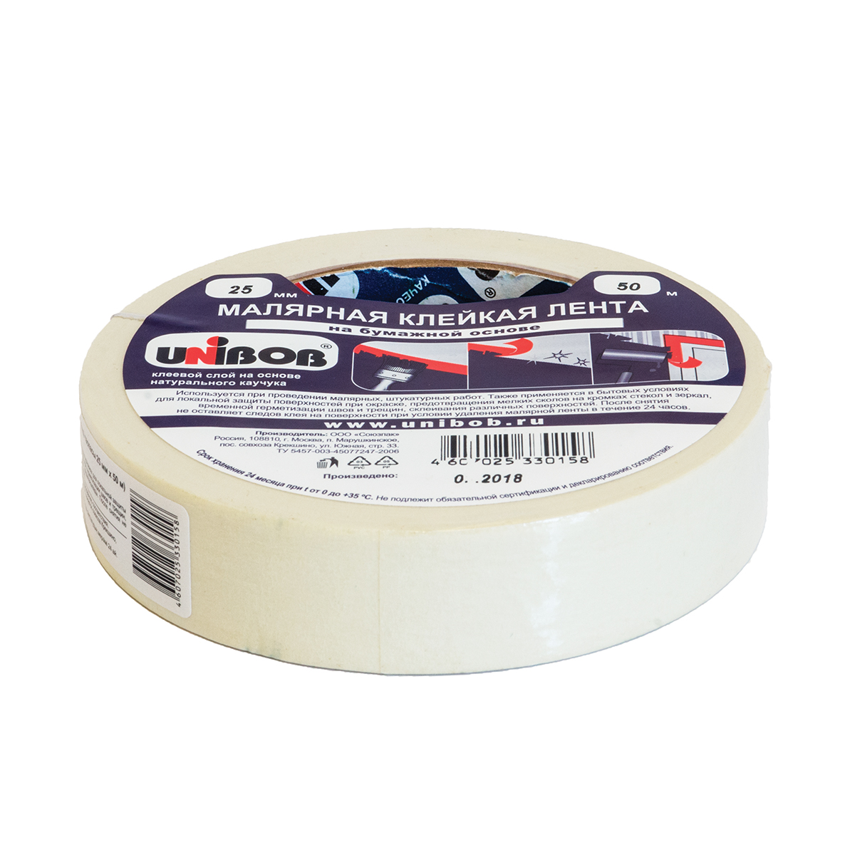 Скотч малярный 25 мм х 50 м (72) "unibob"