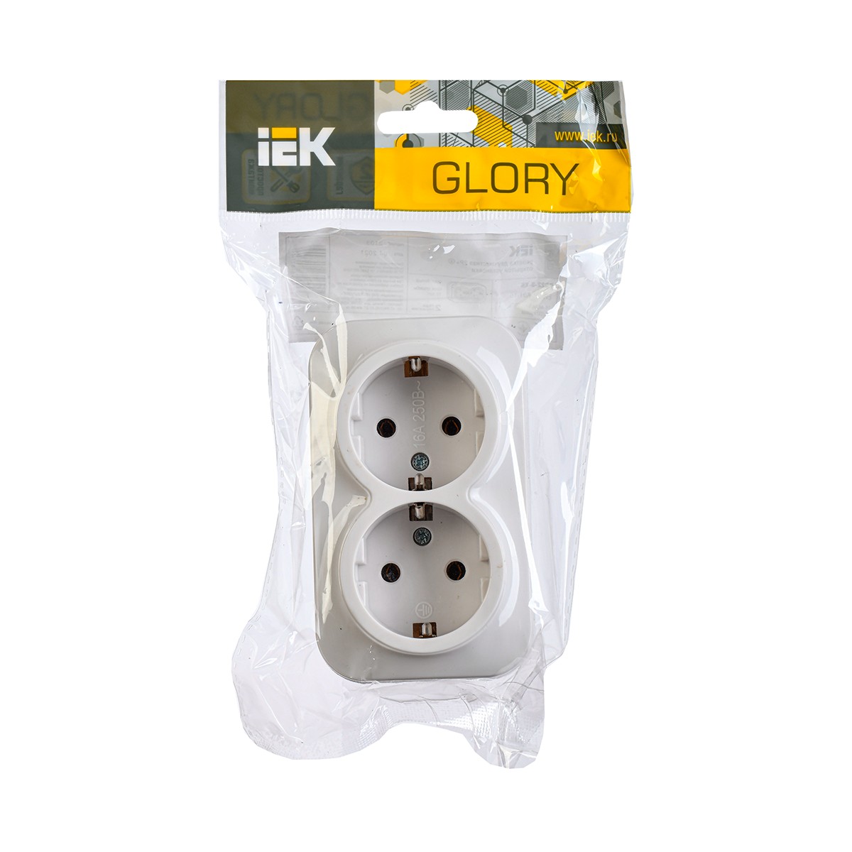 Розетка открыт. уст. "glory" 2-х местн. с заземл. рс22-3-хб, 16а, белый (1/18/216) "iek"