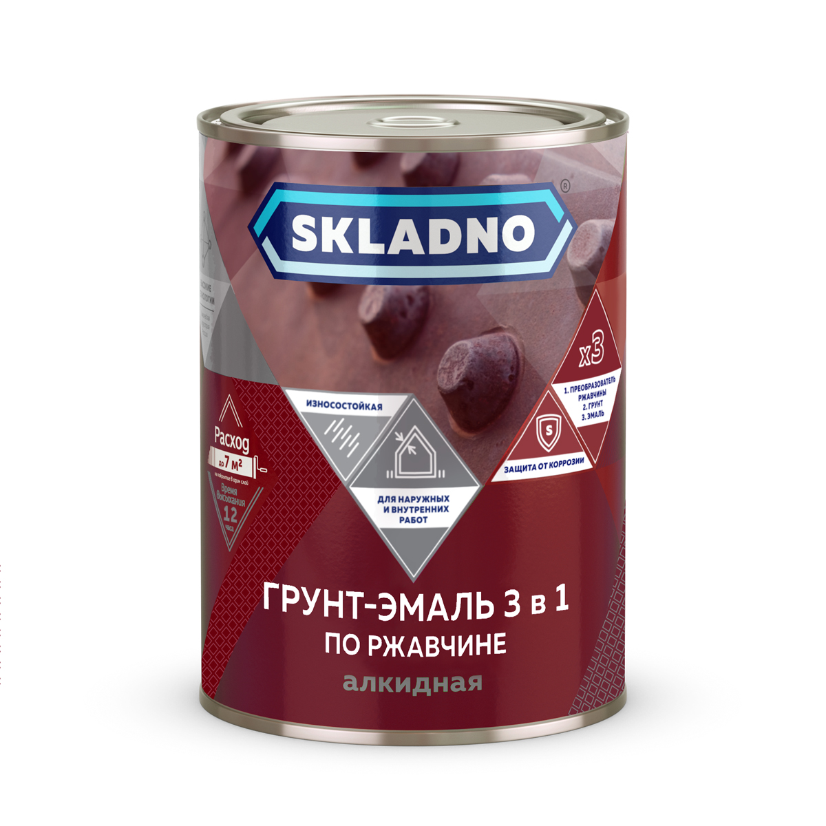 Грунт- эмаль по ржавчине "skladno" 3 в 1 черный 0,8 кг (1/14)