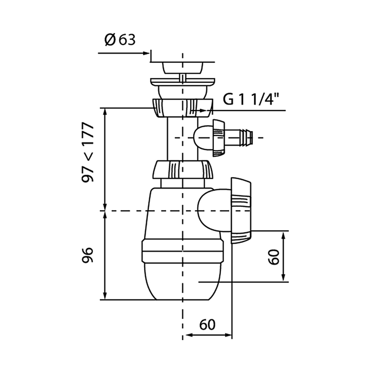 Сифон "минор" с выпуском 1 1/4" х 40 мм с отводом (1/50) "wirquin"