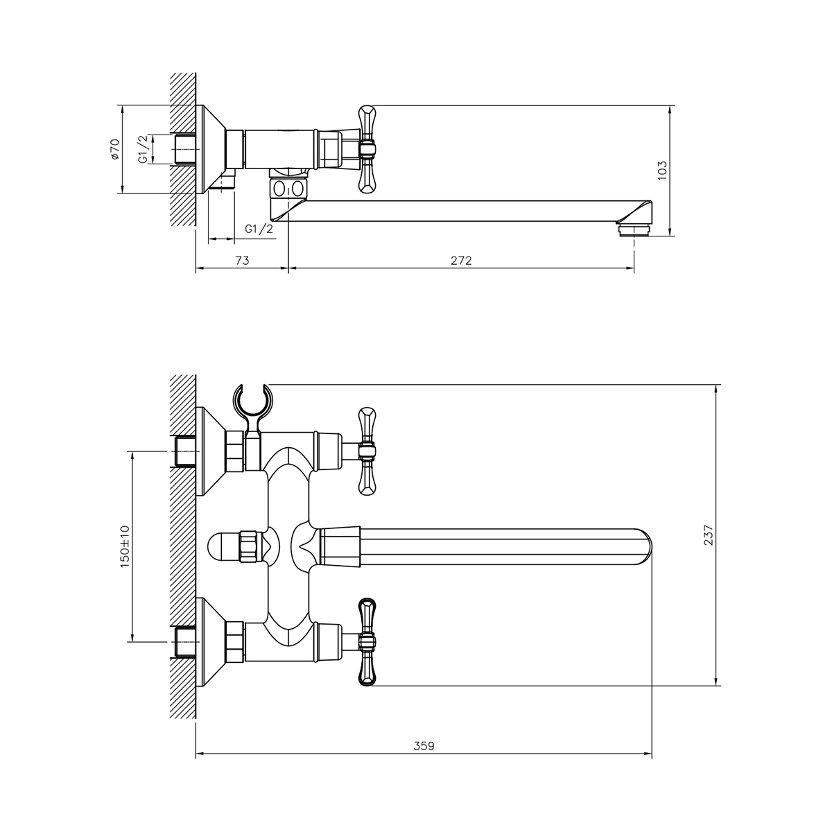 Смеситель для ванн dr52043 двухвентильный, поворотн. излив 300 мм (1/12) "decoroom"