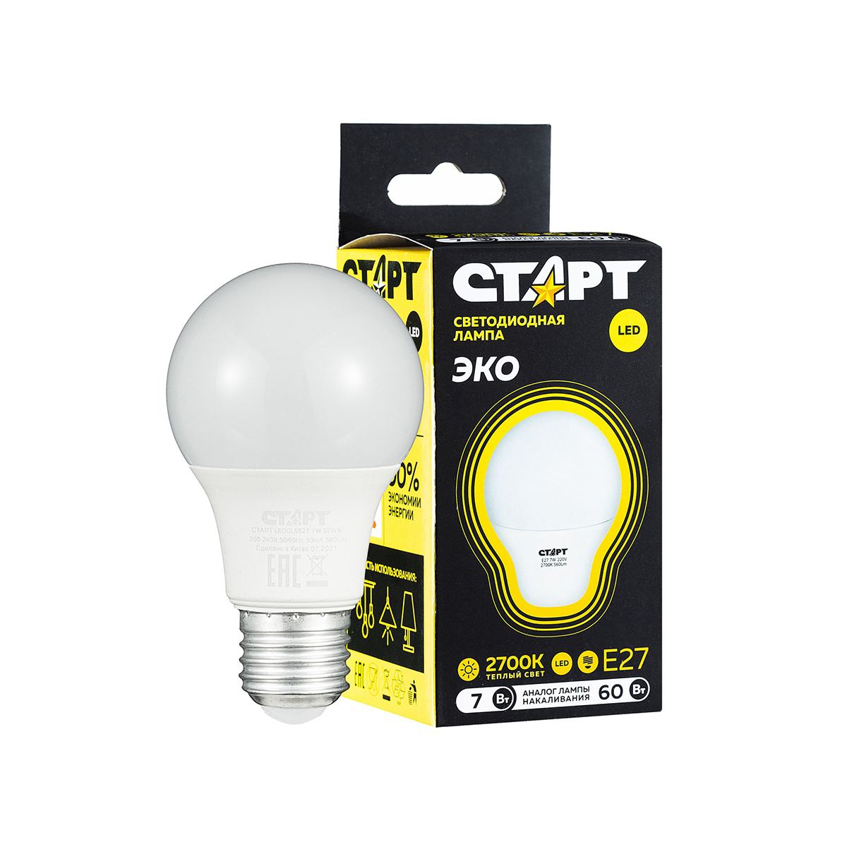 Лампа светодиодная "старт эко" груша 7w 2700 к  e27, тепл. свет (10/100)
