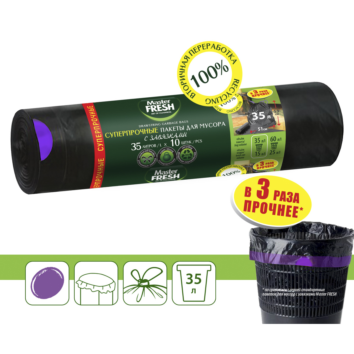 Пакеты для мусора с завязками суперпрочные 35 л рулон 10 шт. (черные) 24 мкм (1/30) "master fresh"