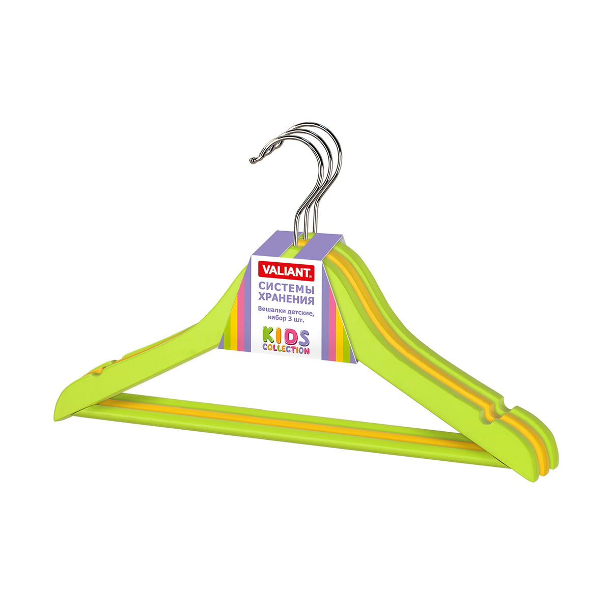 Вешалки для детской одежды (3 шт.) дерев. (зеленый, желтый) (1/32) "valiant" kh-w35-g