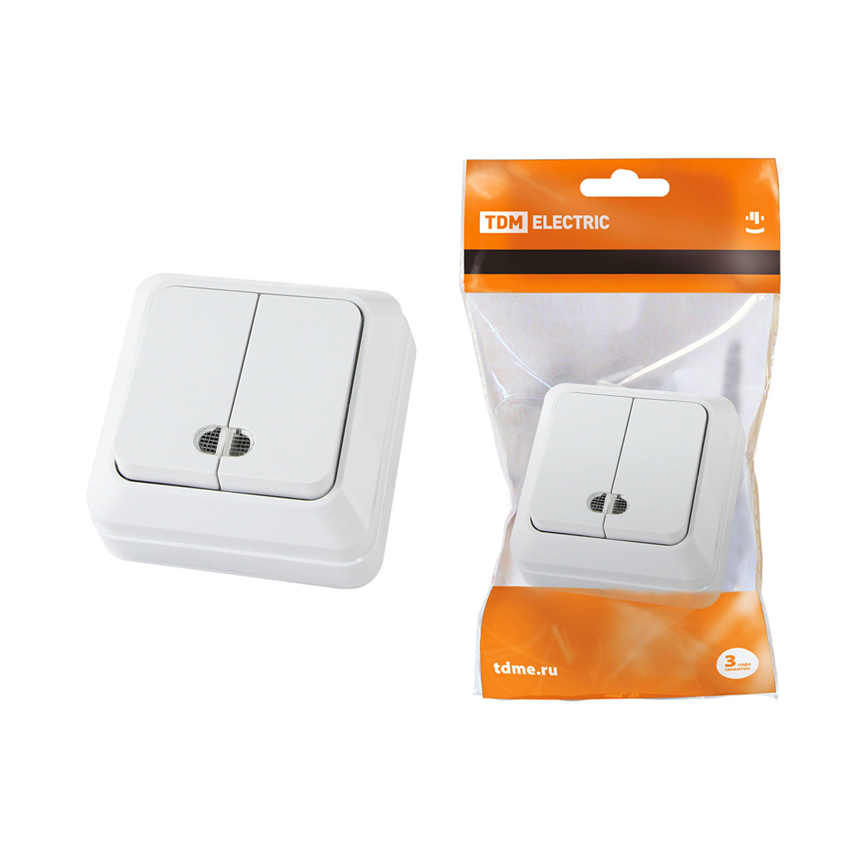 Выключатель 2-х кл. открыт. уст. с подсветкой ip20 10а "ладога" белый (1/10/200) tdm sq1801-0007