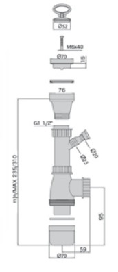 Сифон для умывальника с подводкой для шланга и нерж. решеткой 1"1/2х40мм D=63мм M0426 MIANO