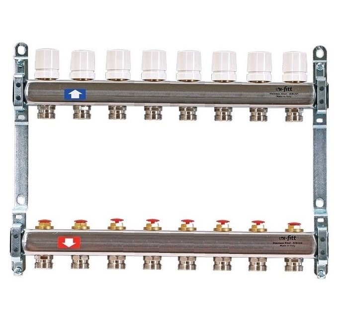 Колл. группа на 8 выходов UNI-FITT 1"x3/4" ЕК с рег. и термостатическими вентилями - нерж. сталь