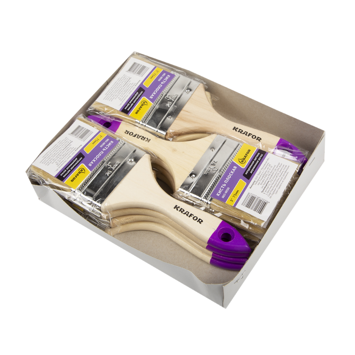 Кисть плоская  №3 /75 мм  (12/360) натур.щетина, дерев.ручка "krafor" 002-0030