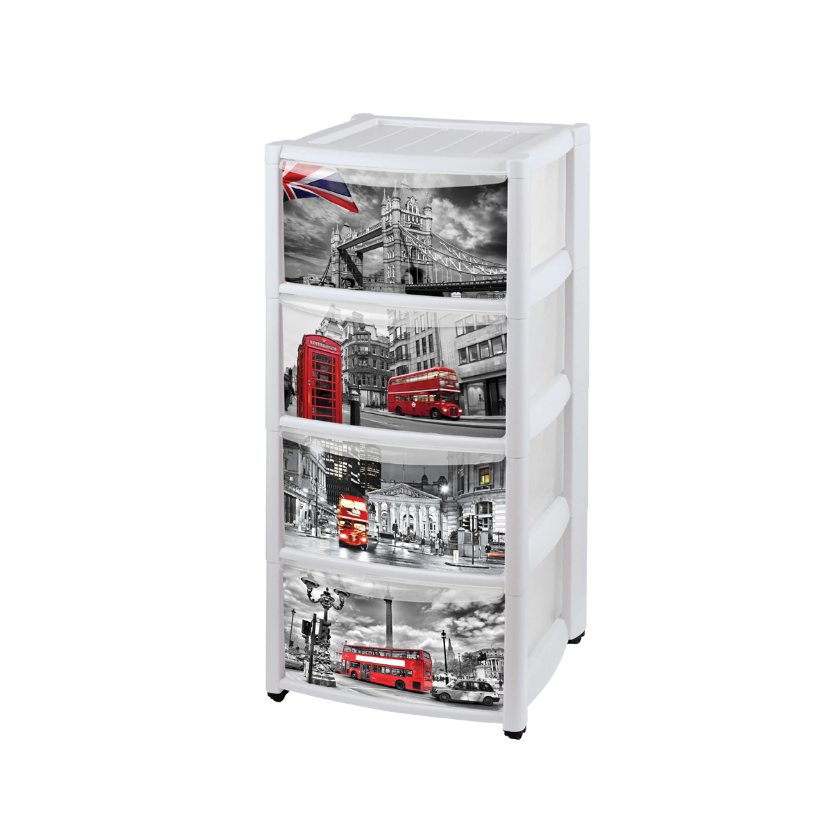 Комод на колесах с аппликацией 4 ящика "лондон" (бесцветный) (1) "бытпласт"