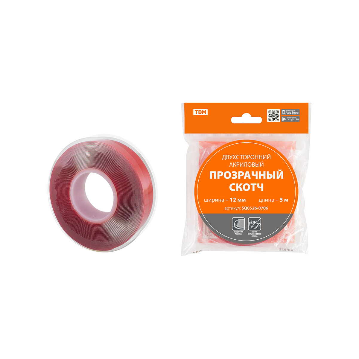 Скотч двусторонний акриловый прозрачный 12 мм х 5 м (10/240) tdm sq0526-0706