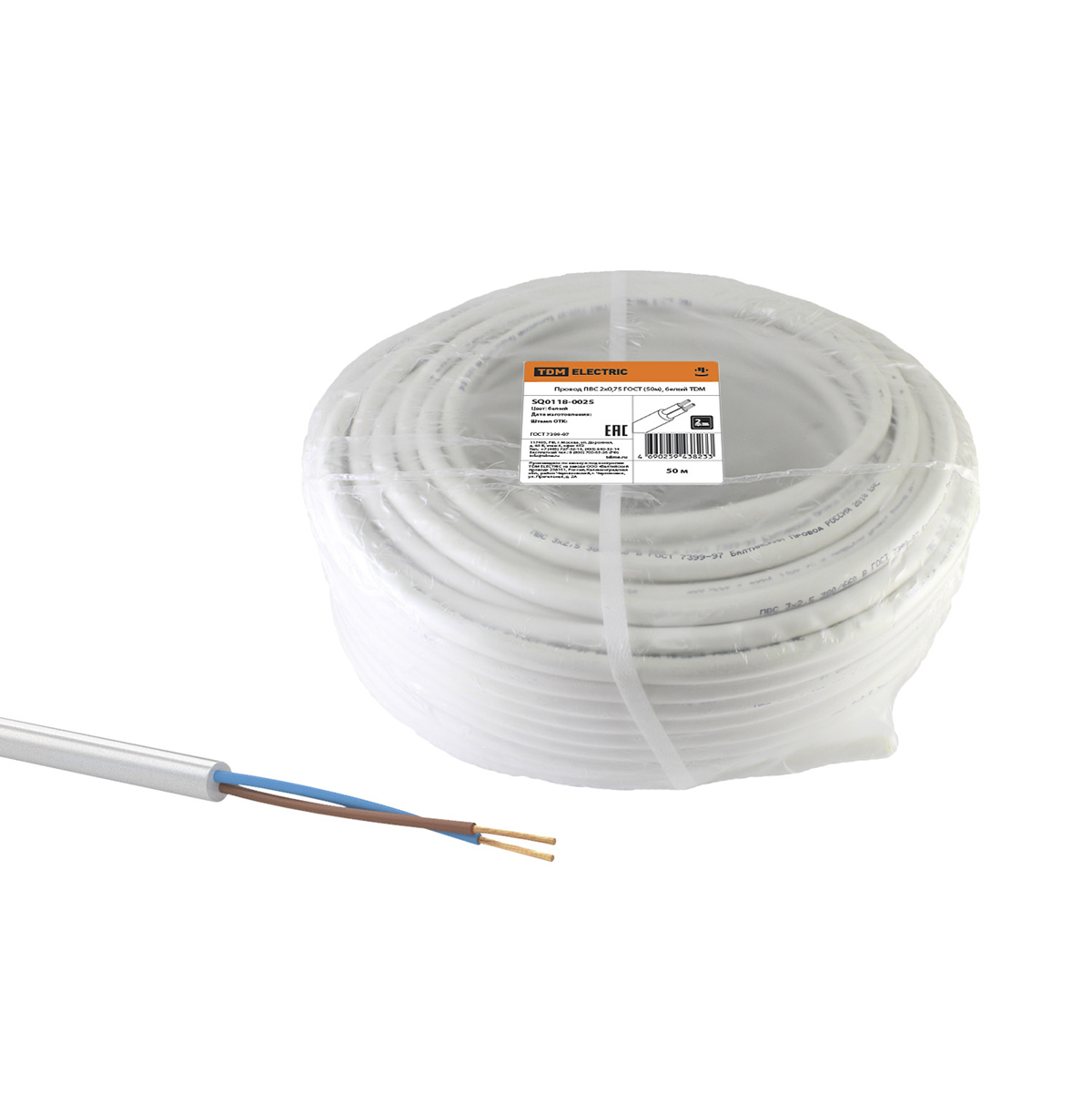 Провод пвс 2 х 0,75 мм² гост (бухта 50 м) белый (1) tdm sq0118-0025