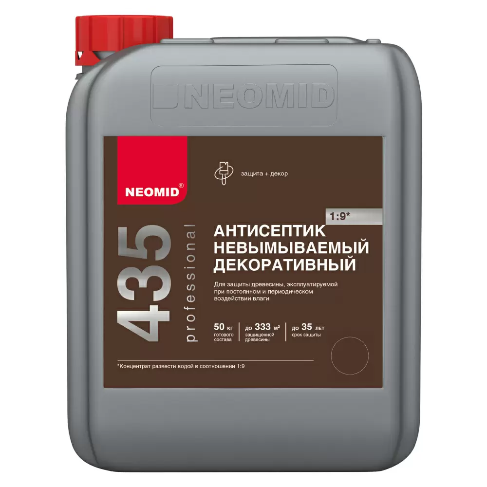 NEOMID 435 АНТИСЕПТИК невымываемый декоративный, защита до 35 лет, концентрат 1:9, орех (5л)