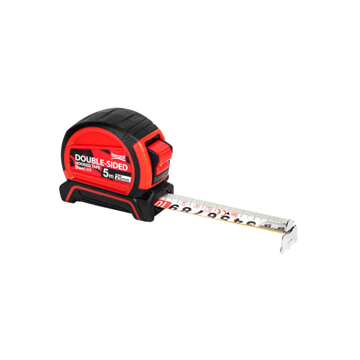 Рулетка с автостопом двухсторонняя шкала 5 м/25 мм обрезин. корпус (1/12/48) "beorol"