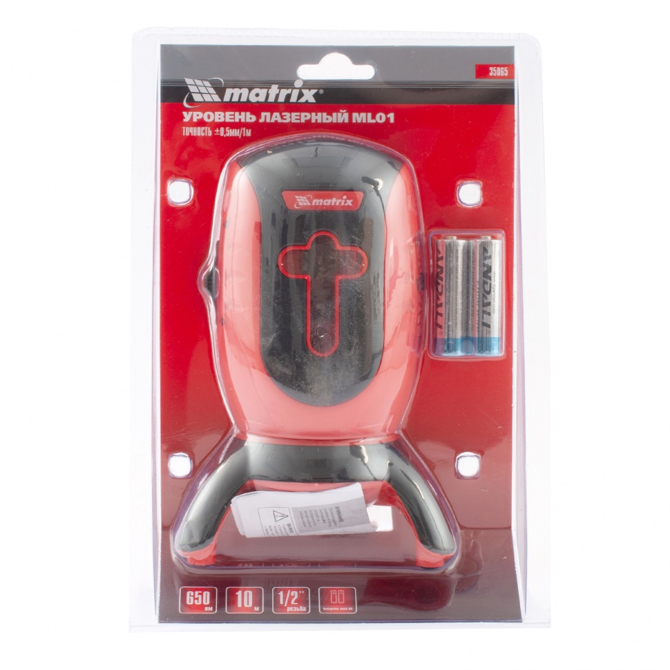 Уровень лазерный ML01T, дальность 10 м, точность ± 0.5 мм. / 1 м, длина волны 650 нм, проекция 1 вертикальная 1 горизонтальная плоскость, резьба под штатив 5/8" Matrix (35065)