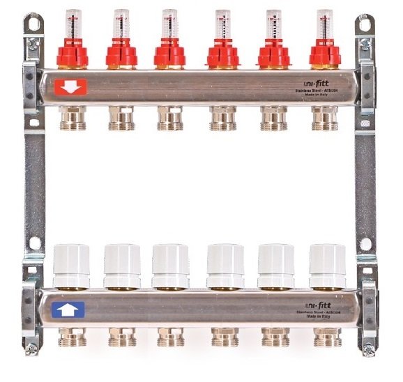 Коллекторная группа на 6 выходов 1'х3/4" ЕК UNI-FITT из нержавейки с расходомерами