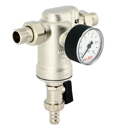 Фильтр магистральный промывной UNI-FITT 1/2" с манометром и сливным шаровым краном никелированный