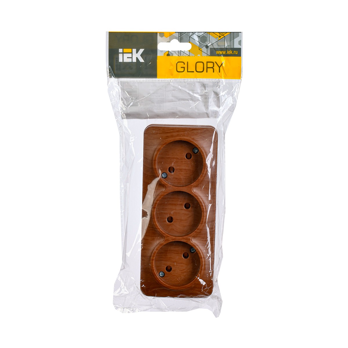 Розетка открыт. уст. "glory" 3-х местн. рс23-2-хд, 10а, дуб (1/24/288) "iek"