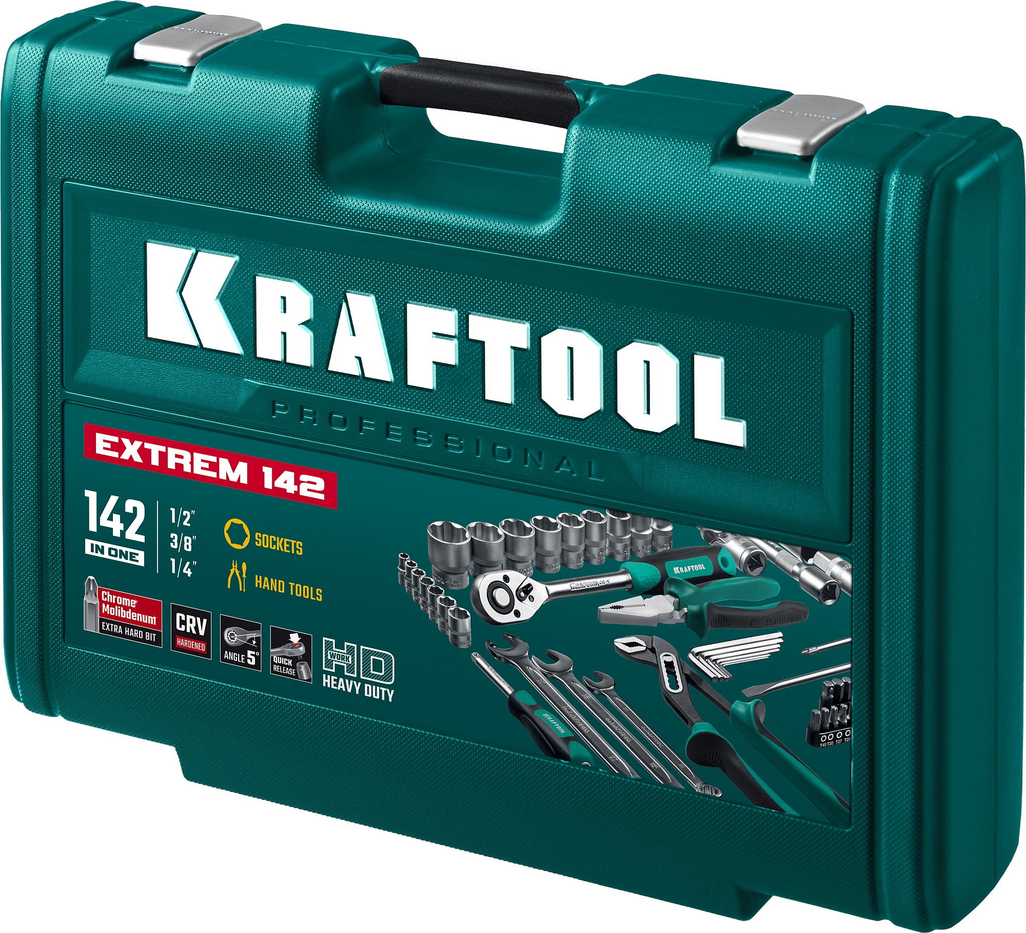 KRAFTOOL EXTREM-142, 142 предм., (1/2″+3/8″+1/4″), универсальный набор инструмента (27889-H142)