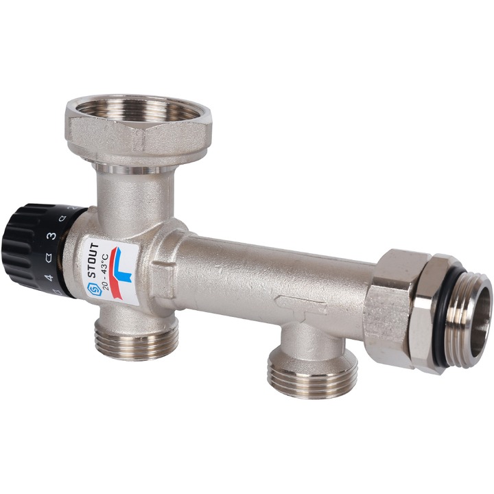 Смесительный узел STOUT 1" с ЖК термометром и термостатическим клапаном, без насоса, никелированный