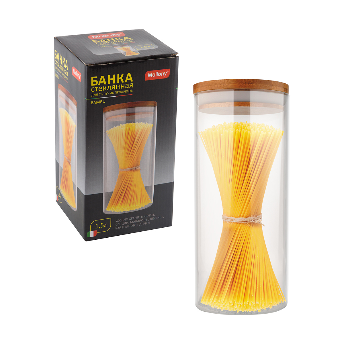 Банка для сыпучих продуктов "bambu" 1,5 л стекло, крышка бамбук (1/30) "mallony"