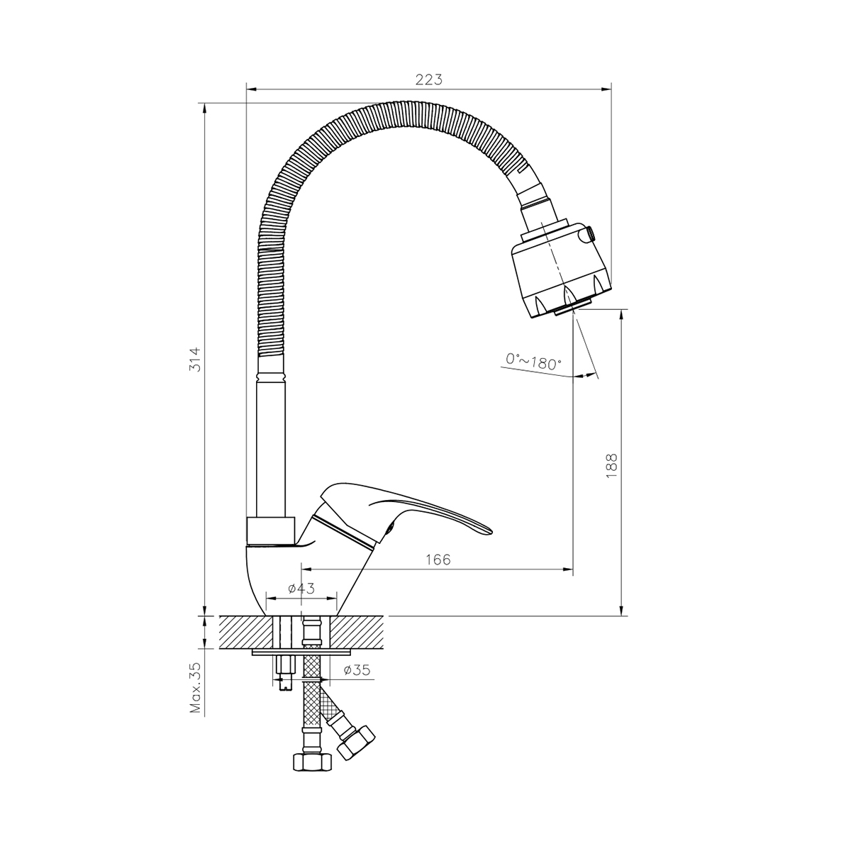Смеситель для кухни  a35-26  гибкий излив (1/12) "rossinka"