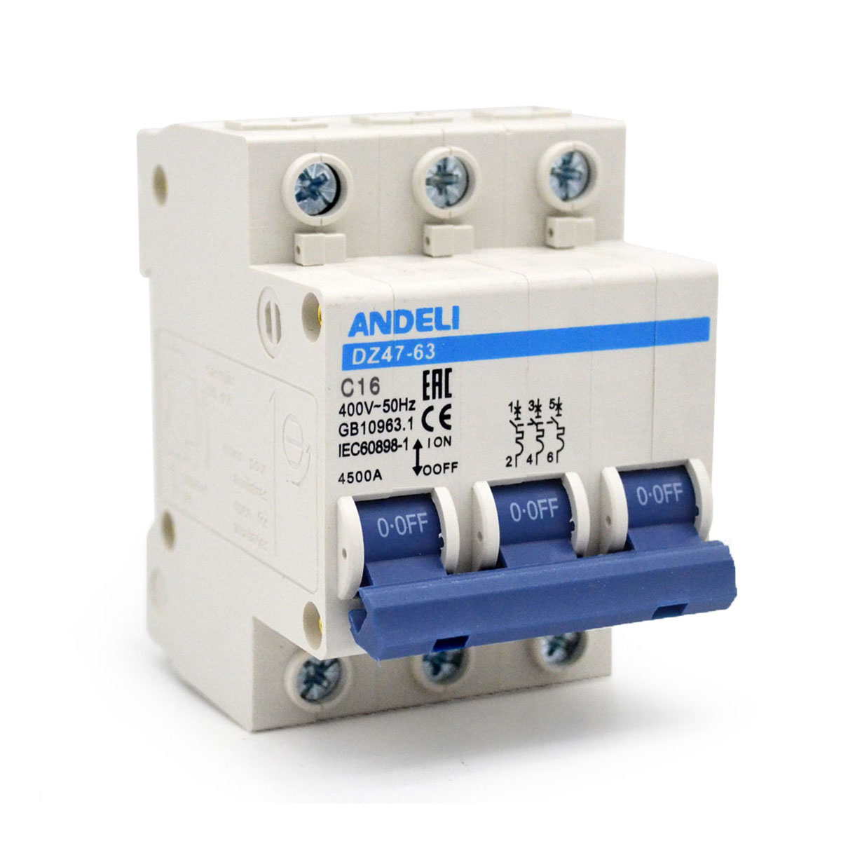 Выключатель автомат. dz47-63 3p 16a 4,5ka тип c (1/4/80) "andeli"