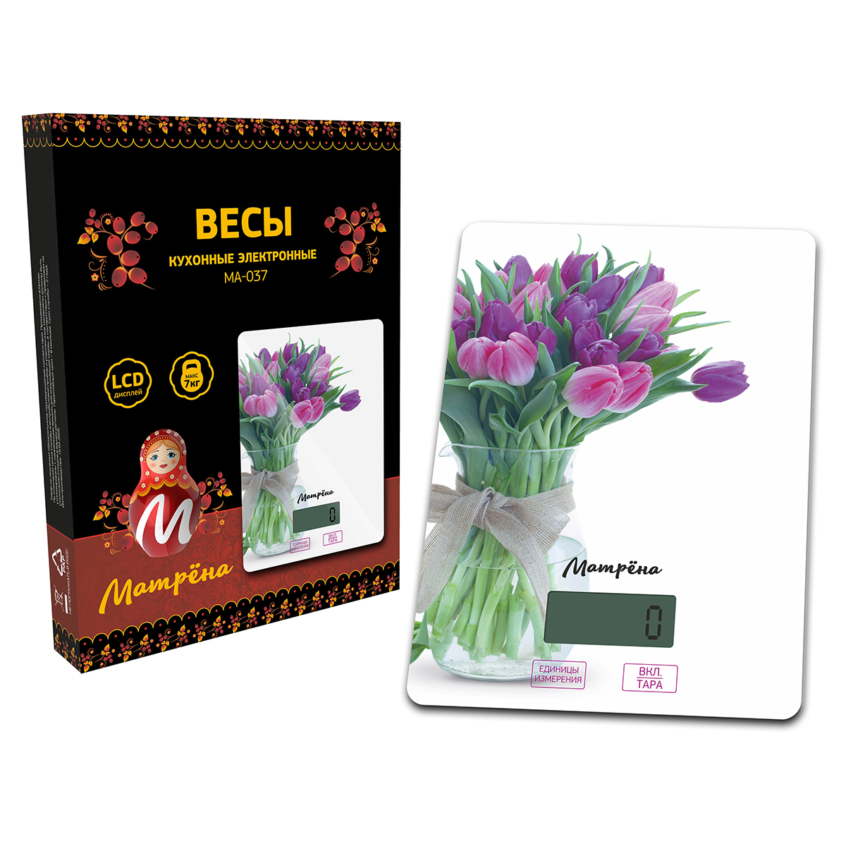 Весы кухонные электронные "матрёна" ма-037 до 7 кг (тюльпаны) (1/12)