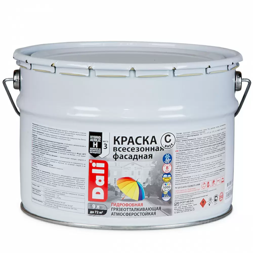 Dali краска Всесезонная фасадная акриловая на органическом растворителе, база C (9л)
