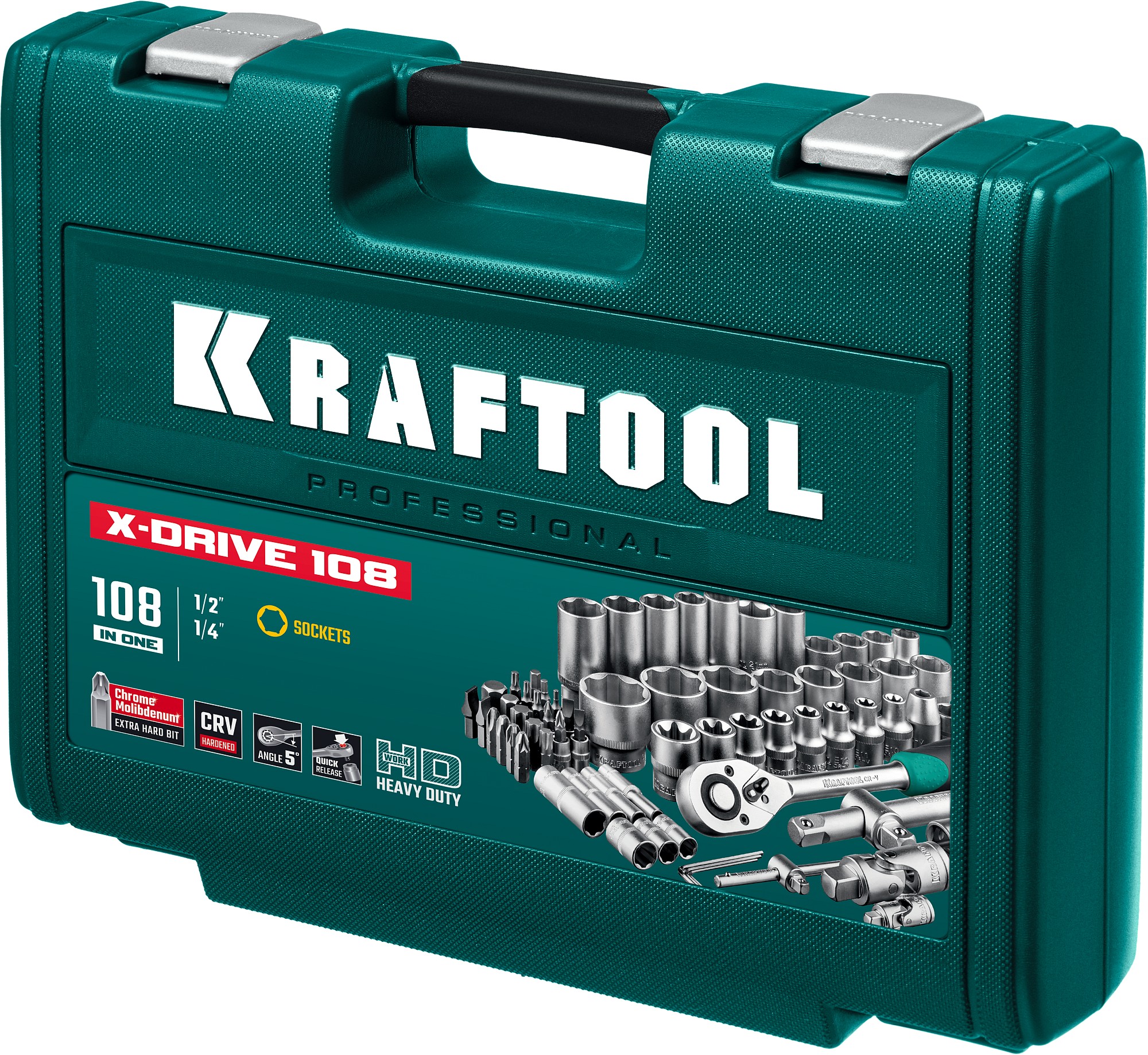 KRAFTOOL X-Drive 108, 108 предм., (1/2″+3/8″+1/4″), универсальный набор инструмента (27888-H108)