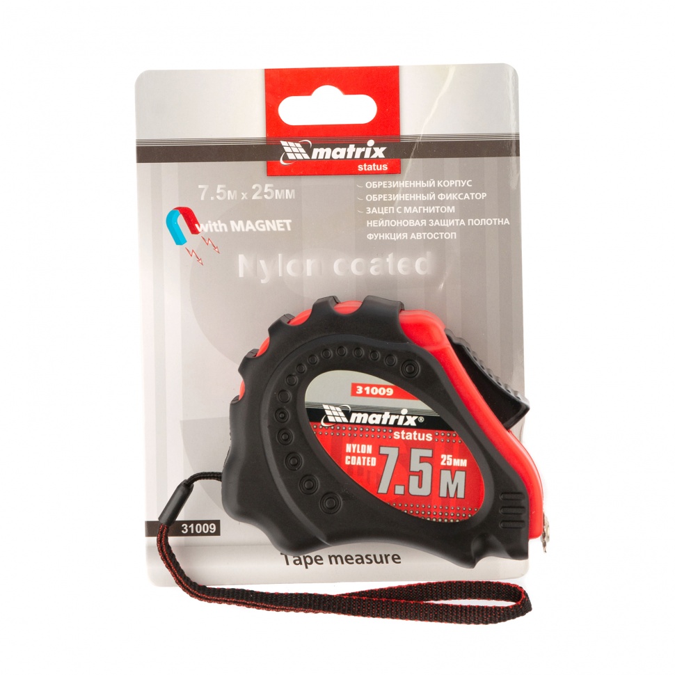 Рулетка Status autostop Magnet+, 7.5 м х 25 мм, обрезиненная, Нейлоновое покрытие Matrix (31009)