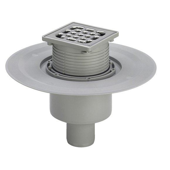 Трап 150 х150 с изолирующим фартуком, регулируемой по высоте насадкой и вертикальным отводом 70/100м