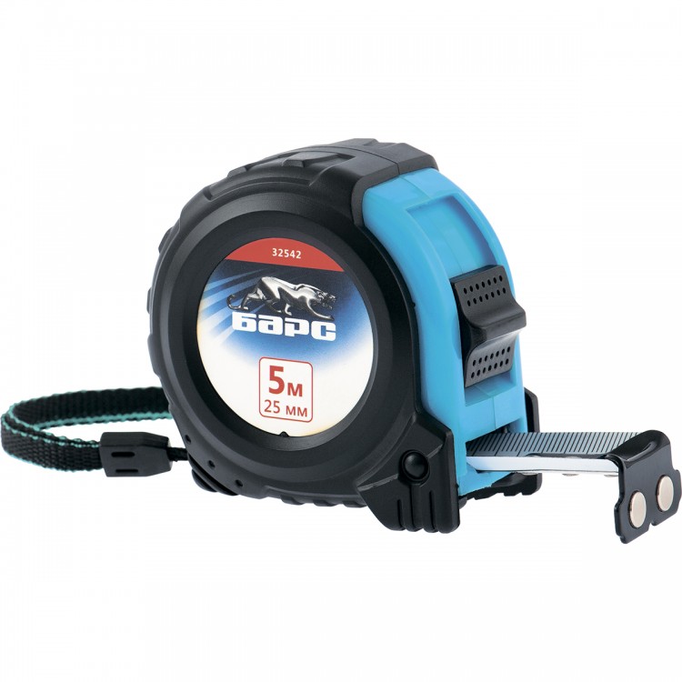 Рулетка Вектор 5 м х 25 мм, утолщенное полотно, магнитный зацеп, обрезиненный корпус Барс (32542)