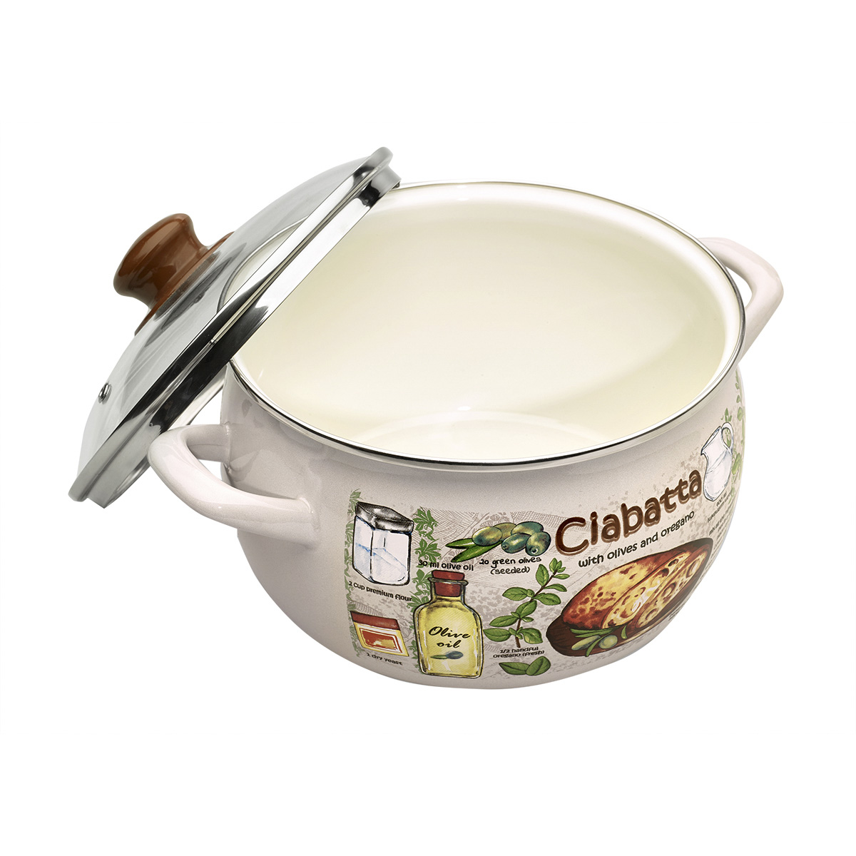 Кастрюля эмалиров. "чиабатта" 3,3 л, 18 см стекл. крышка (1/6) "metrot"