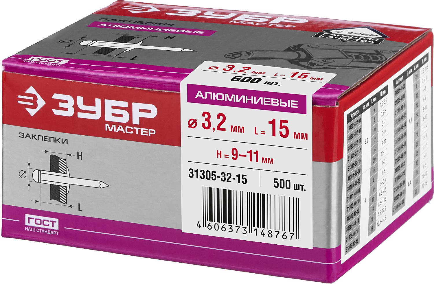 ЗУБР 3.2 x 15 мм, Al5052, алюминиевые заклепки, 500 шт (31305-32-15)