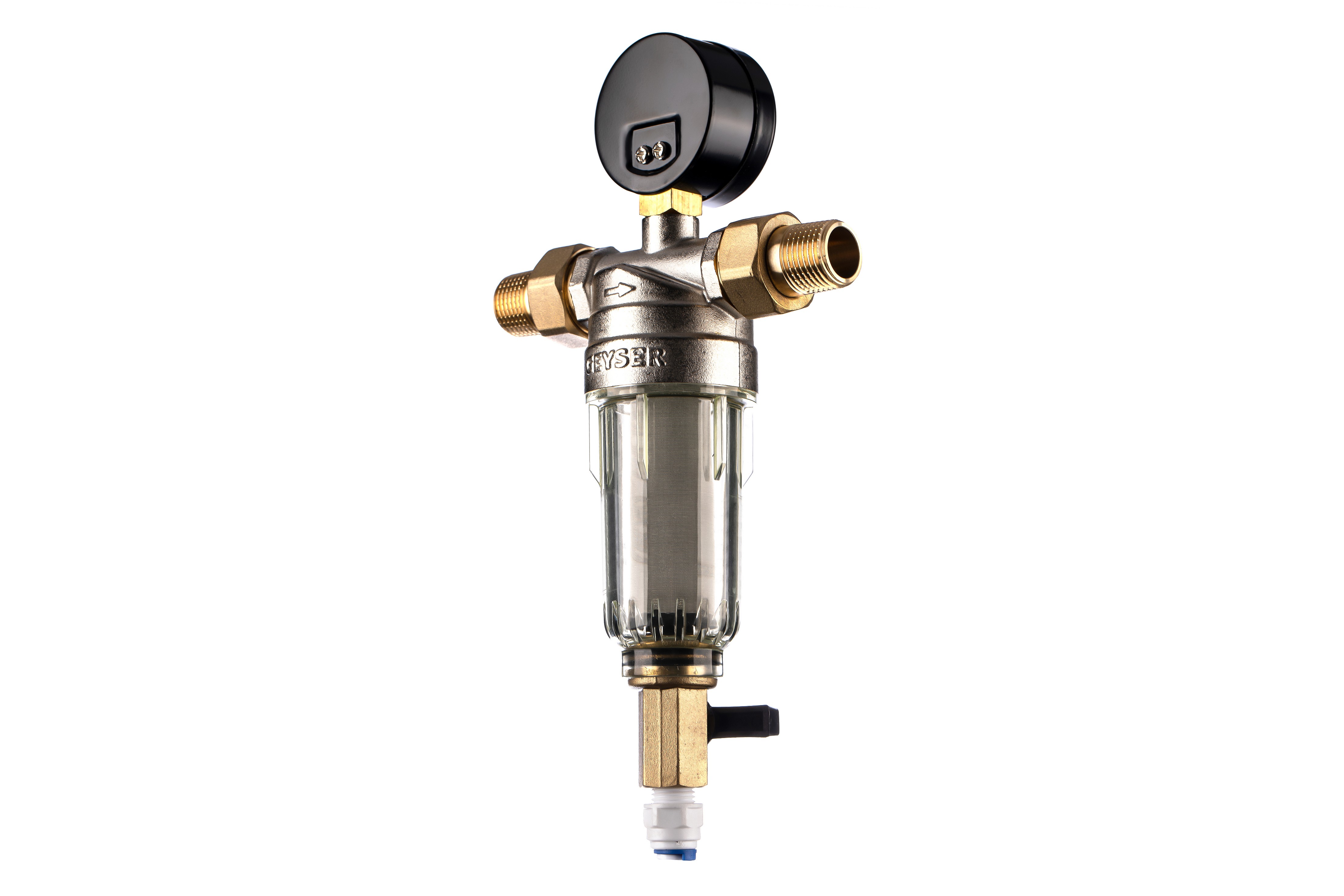 Фильтр магистральный промывной Гейзер Бастион 1/2 для тонкой очистки холодной воды с манометром