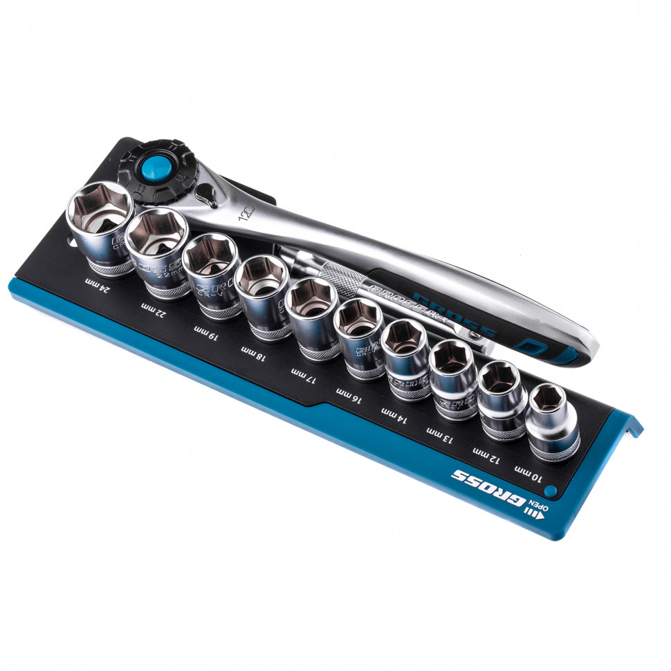 Набор торцевых головок, трещотка 120 зубьев, 12 предметов, 1/2", CrV Gross (14138)