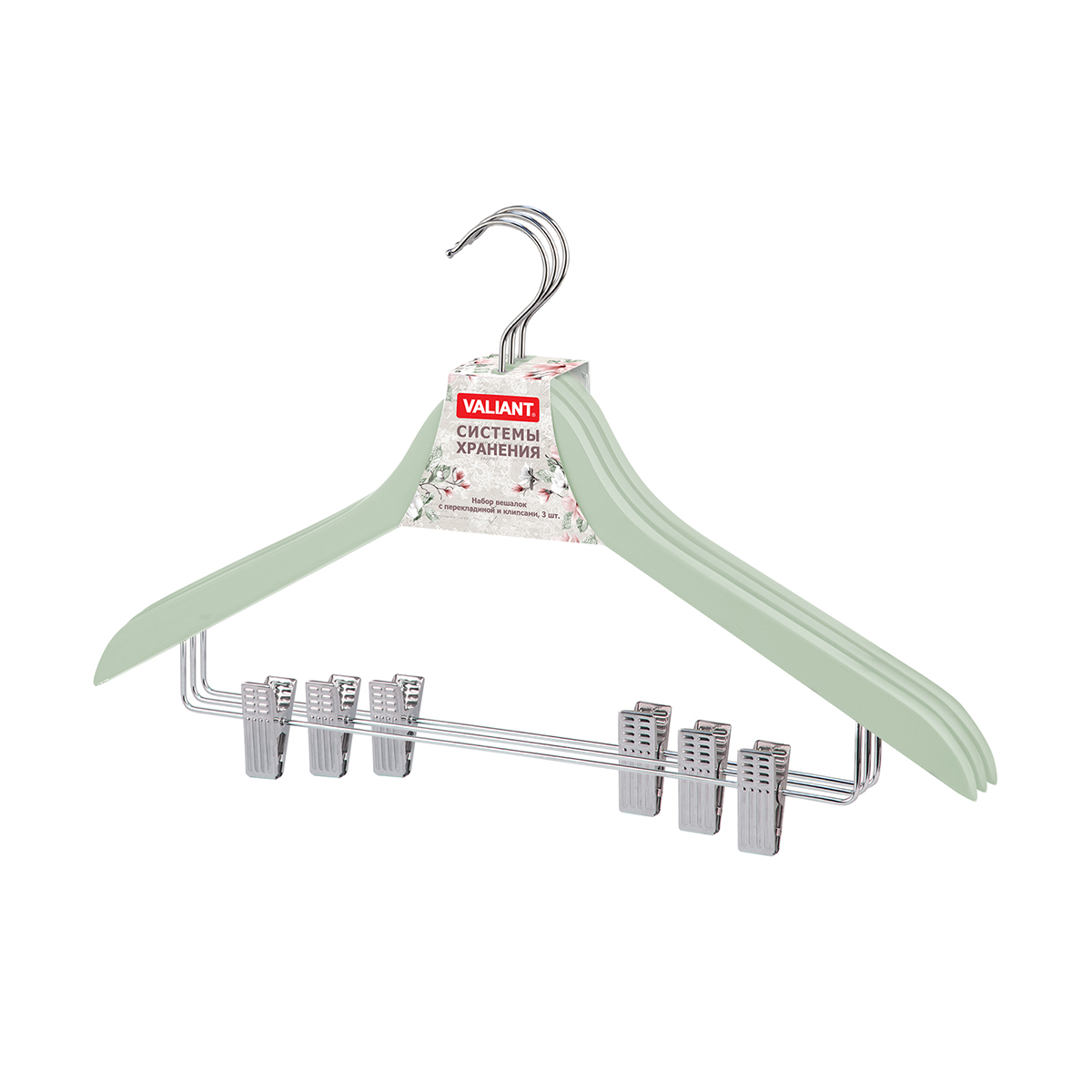 Вешалки для одежды дерев. "jardin" с перекл. и клипсами (3 шт.) зеленые (1/32) "valiant" jr-16602s