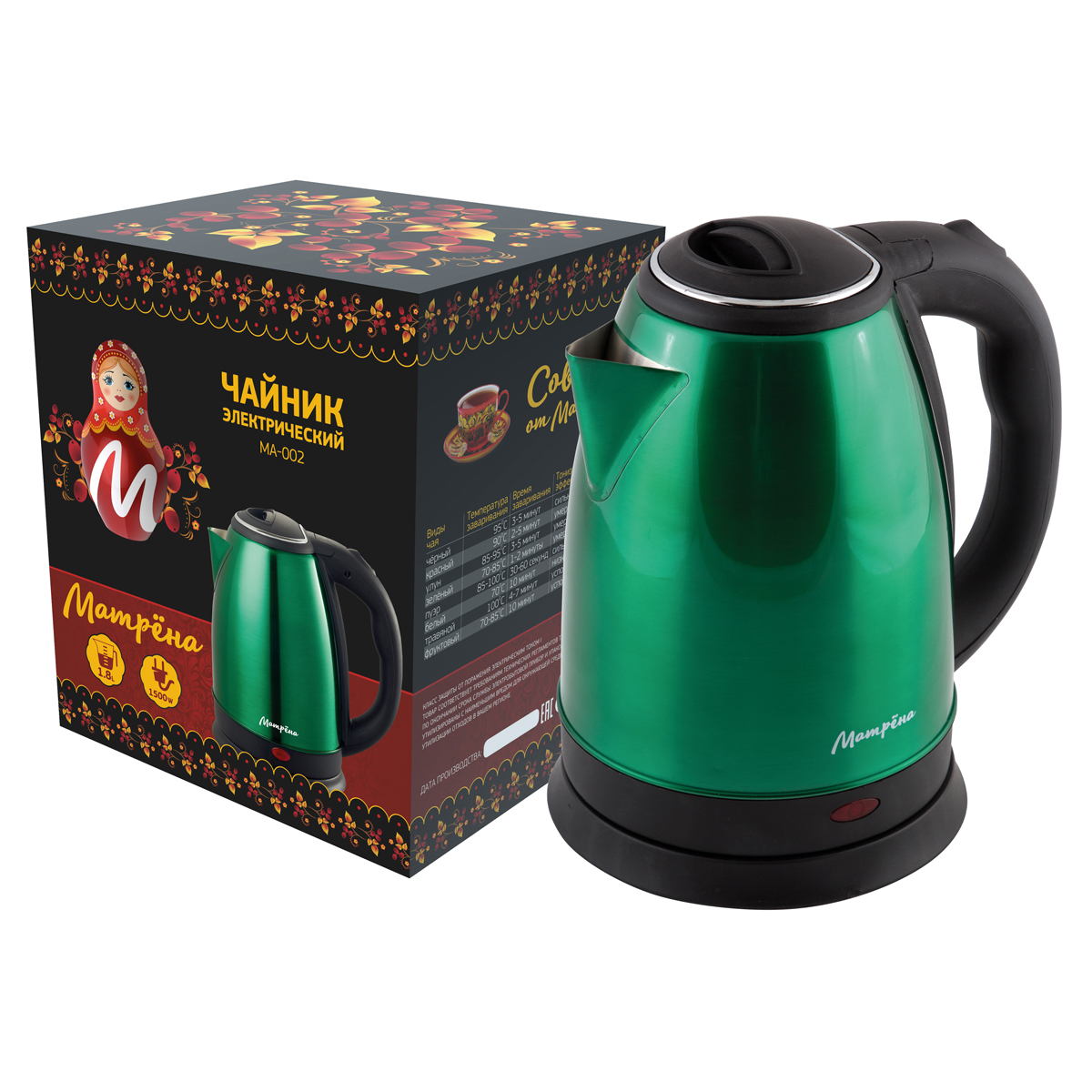 Чайник электр. "матрёна" ma-002 1,8 л (1/12) сталь (зеленый)