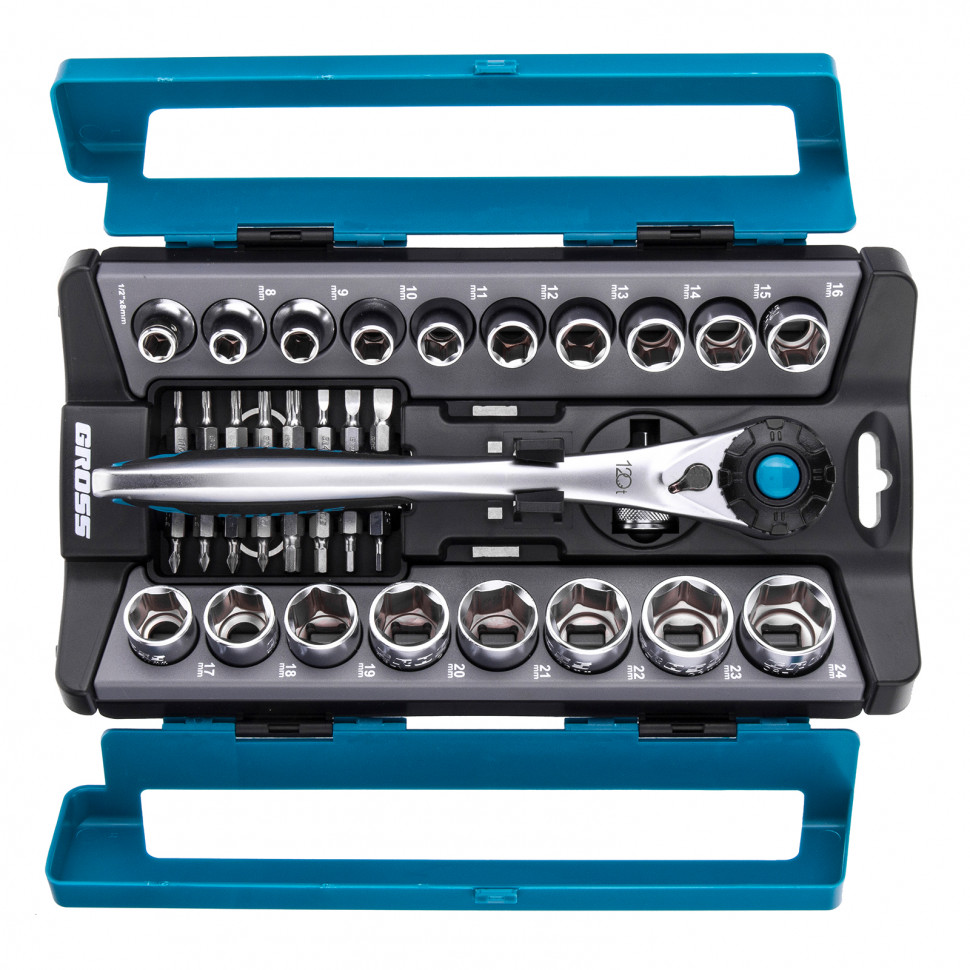 Набор торцевых головок, трещотка 120 зубьев, 36 предметов, 1/2", CrV Gross (14144)