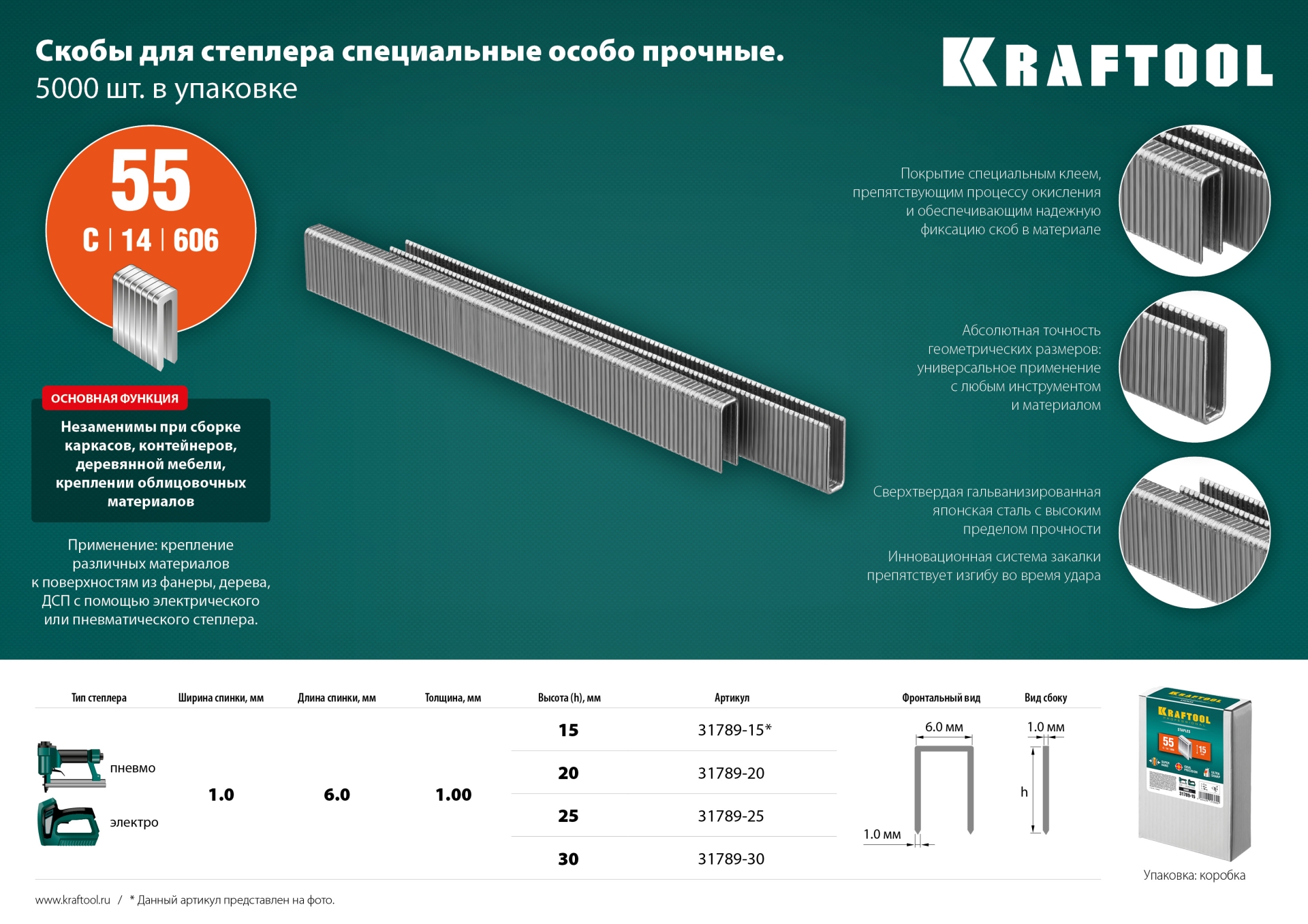 KRAFTOOL тип 18GA (55/90/C) 15 мм, 5000 шт, скобы для степлера (31789-15)