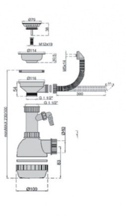 Сифон "Obri" для мойки с подводкой для шланга, с нерж. решеткой 1"1/2х40мм D=115мм M0473 MIANO